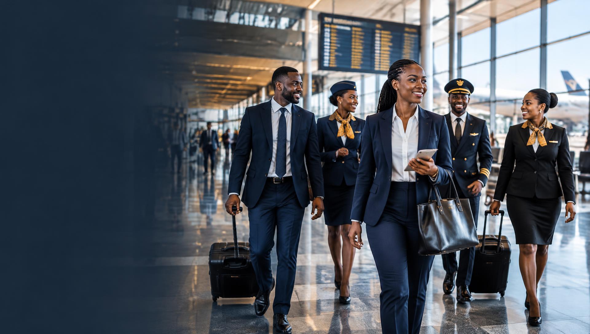 International professionals walking through a modern airport terminal